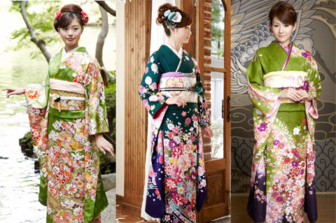 緑色の振袖に似合うコーディネート