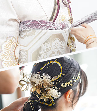 髪飾りを結い上げた振袖姿のお嬢様