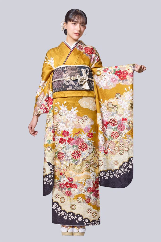 正絹 振袖 生成り オレンジ系 花文様 金彩 華やか mk-1505-1-683x1024.jpg